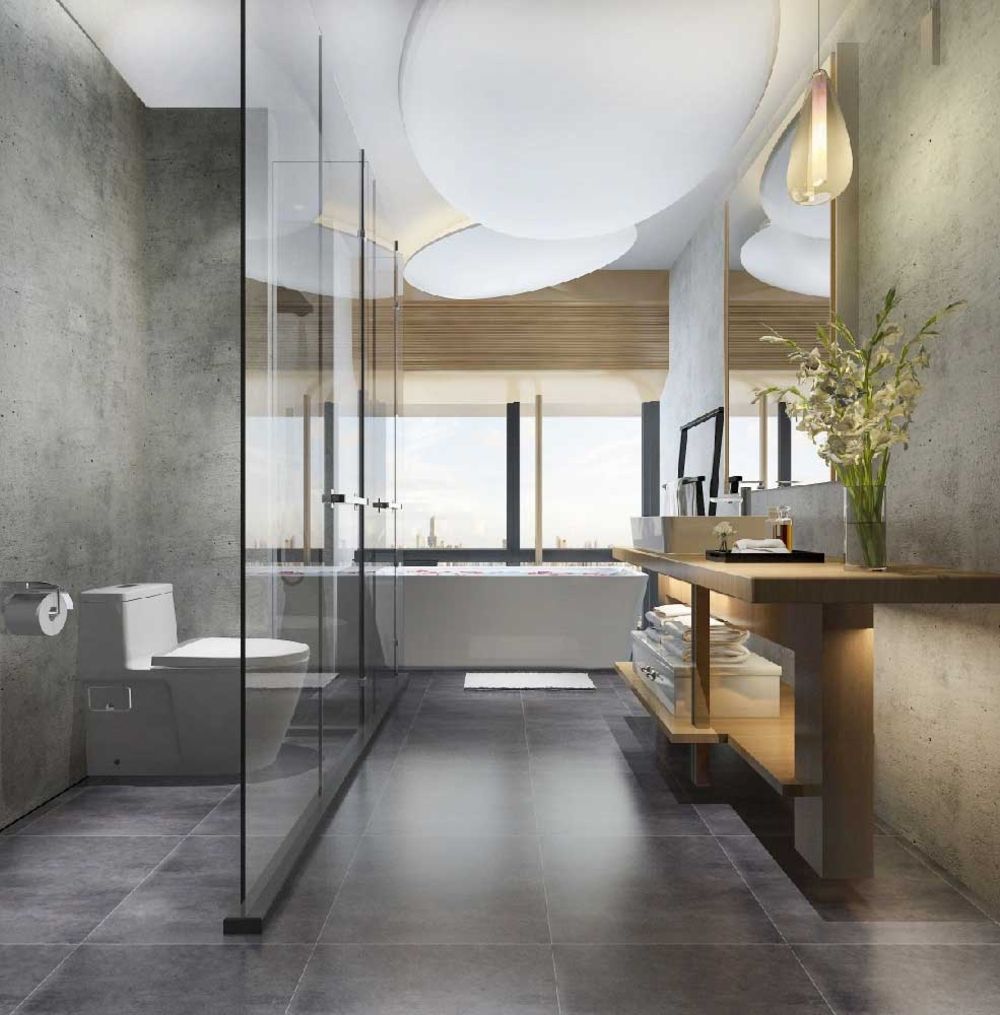 Modernes Bad mit großer Dusche und dunklen Fliesen