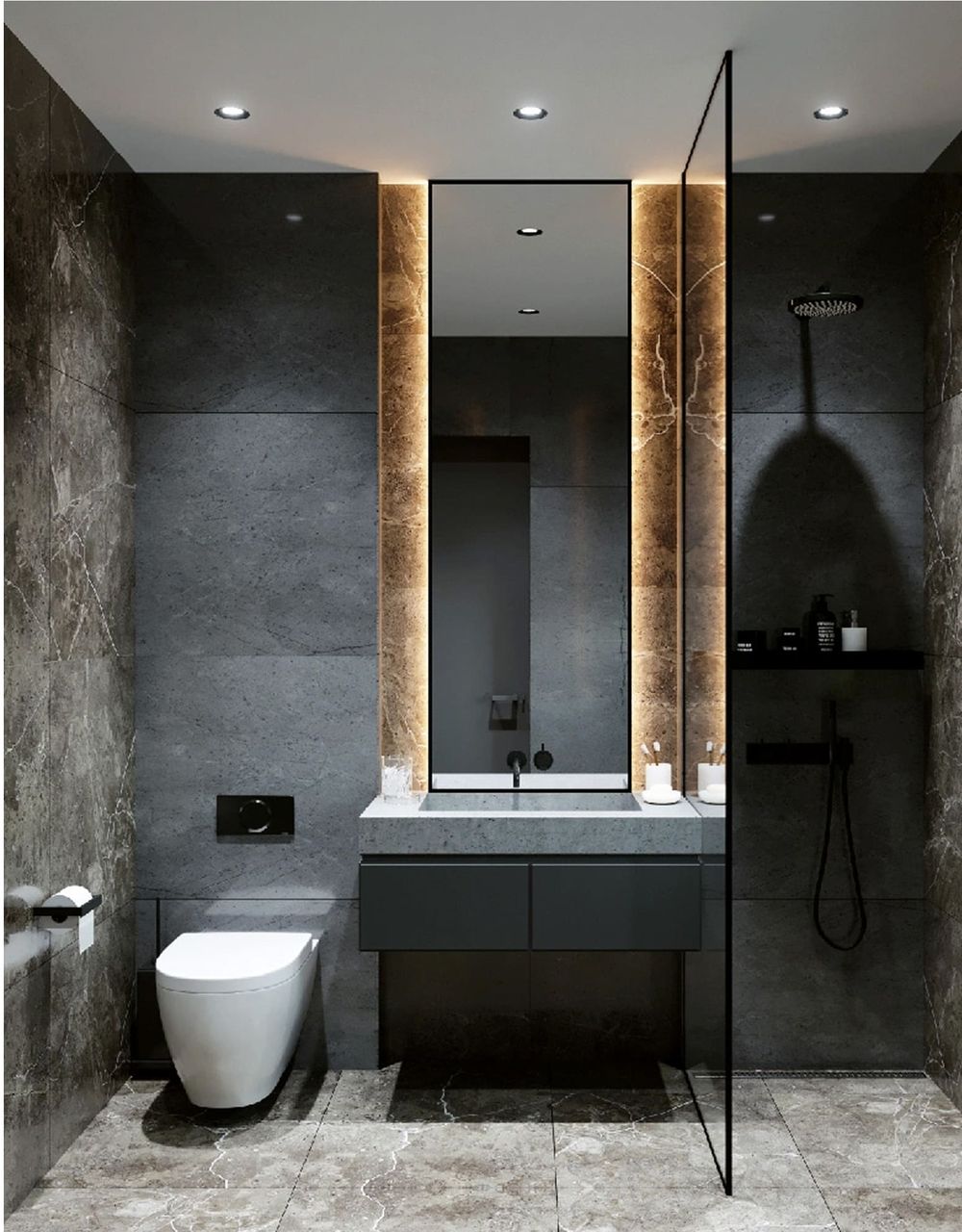 Modernes dunkles Bad mit großem Spiegel und indirekter Beleuchtung