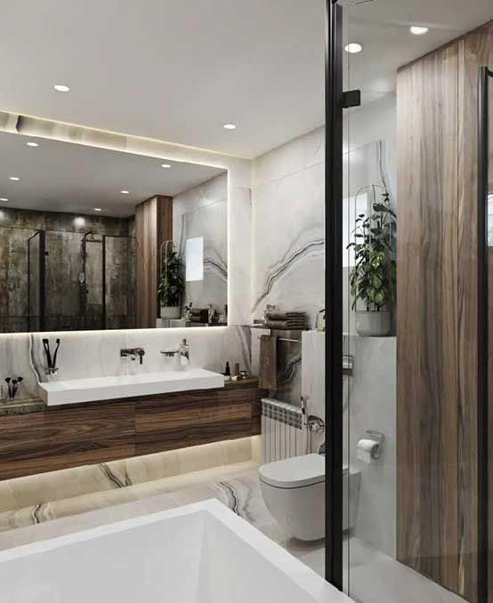 Modernes Bad mit Holzelementen